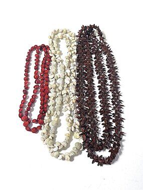 Vintage shell, apple seed & beaded red bean necklace bundle